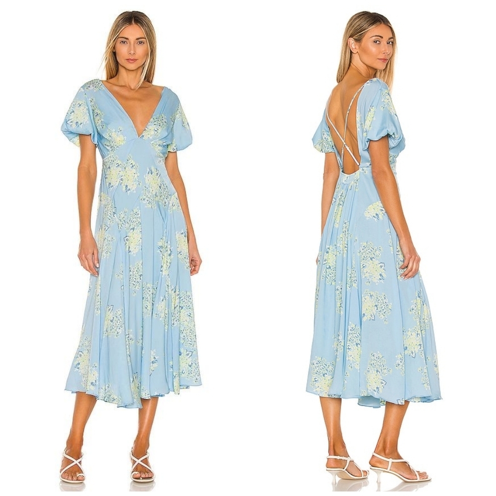 Free People Revolve Laura Blue Floral Print Satin Strappy Open Back Midi Dress - Picture 2 of 12